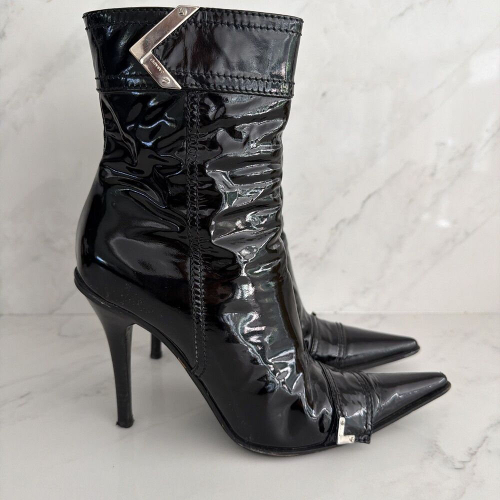 Vintage Y2K Casadei Patent Leather Boots 39.5 Pointed Stiletto Cyber Runway Moto